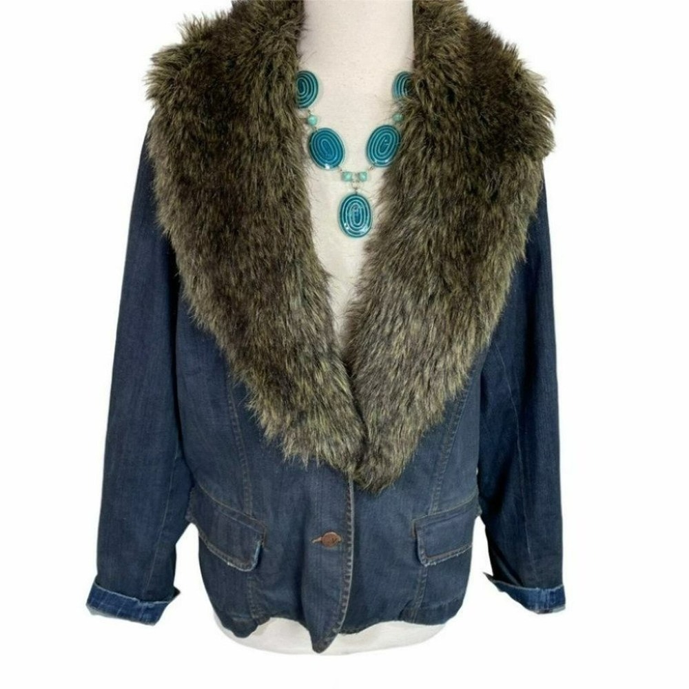 Venezia‎ Denim Jacket 14/16 Blue Faux Fur Trim Removable Collar Stretch Y2K Boho